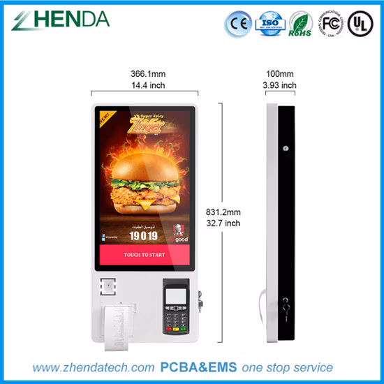 Quiosque personalizado do leitor de código de barras da máquina do auto pagamento do quiosque do tela táctil do pagamento da ordem do autoatendimento para a cadeia de loja/restaurante com certificações de Zhenda