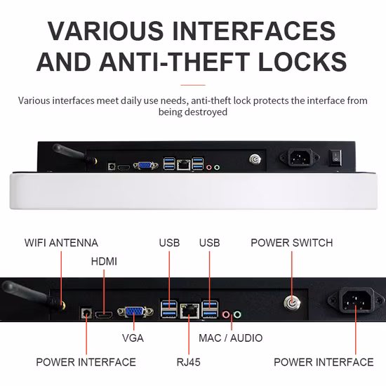 Robusto quiosque de chão para PC com tela de toque USB de 27 polegadas para montagem em parede para auto-pedido, banco, escola, empresa